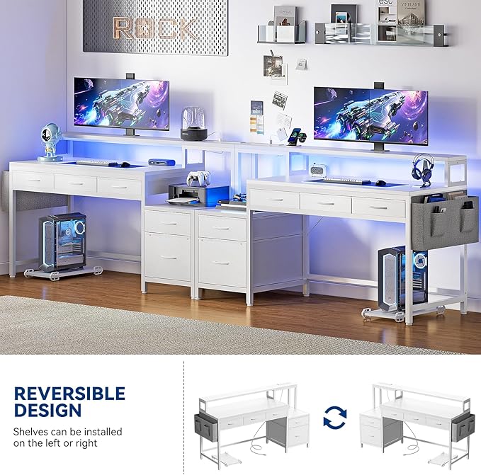 REAHOME 61 Inch Gaming Desk with Charging Station and LED Lights Reversible Computer Desk with Storage Drawer and Monitor Stand Modern Desk Table with File Cabinet &amp Side Pocket Carbon Fiber Wh