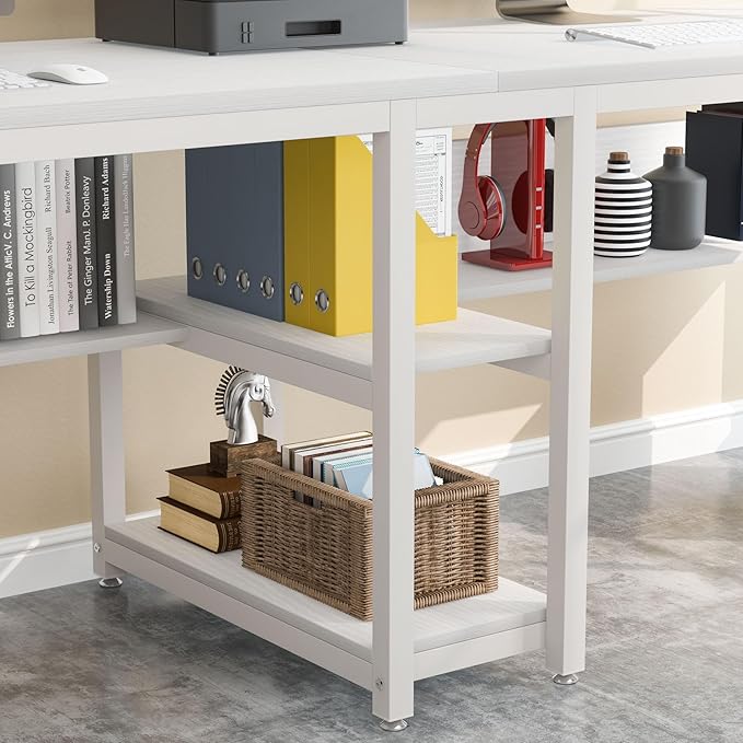Tribesigns Two Person Desk with Bookshelf 78.7 Computer Office Double Desk for Two Person Rustic Writing Desk Workstation with Shelf for Home Office (White)