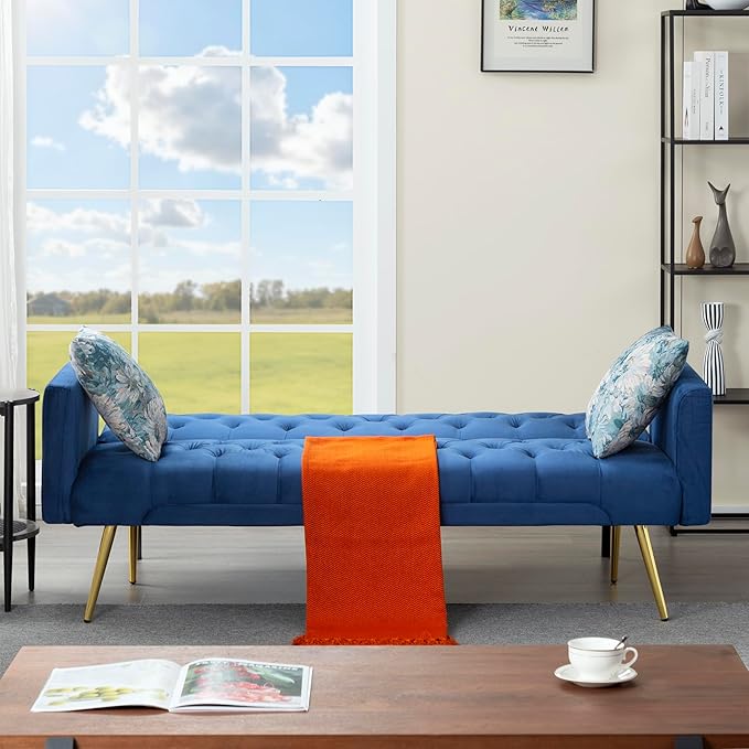 68.5” Futon Sofa Bed Convertible Futon Couch with Adjustable BackrestFolding Sofa Bed with 2 Pillows &amp Metal Legs Sleeper Loveseat with Armrest for Home Office (Bule)