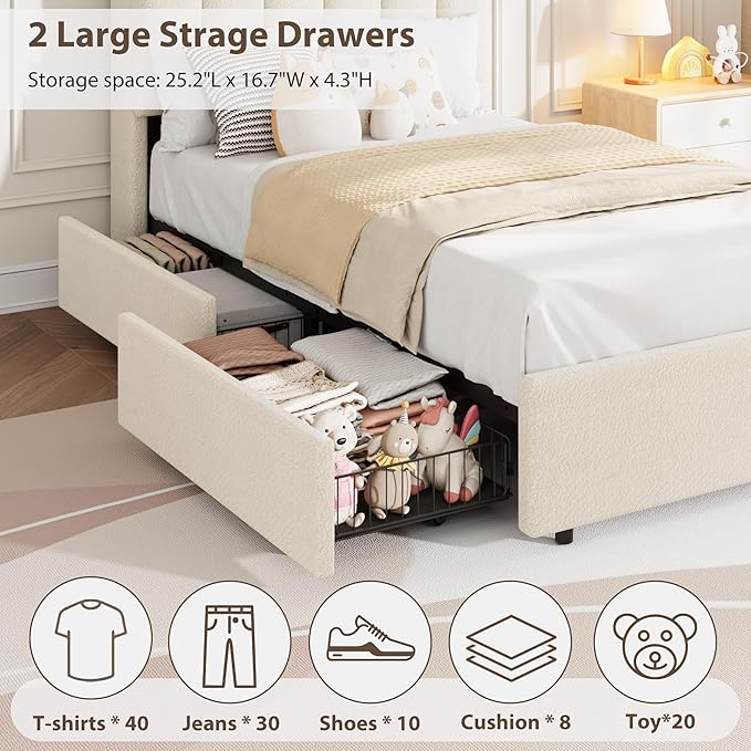 Garvee LED Twin XL Bed Frame with Storage Headboard Kids Bed Frame with 2 Drawers Boucle Upholstered Platform Bed for Girls Chic Wavy Headboard with Bookcase No Box Spring Needed White