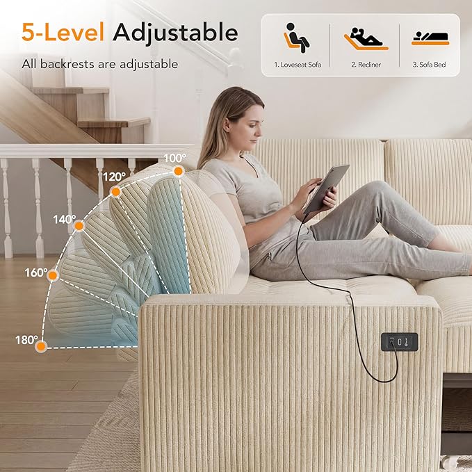 Vipbear Pull Out Sofa Bed Sectional Sleeper Sofa with Reclining Backrest &amp Storage Plush Pullout Modular Sectional Couches with USB Charging L Shaped Convertible Couch Bed for Apartment Beige |