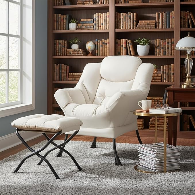 Welnow Lazy Chair with Ottoman Modern Reading Accent Chair with Armrests and a Side Pocket Leisure Upholstered Lazy Sofa Set with Footrest for Small Space Beige