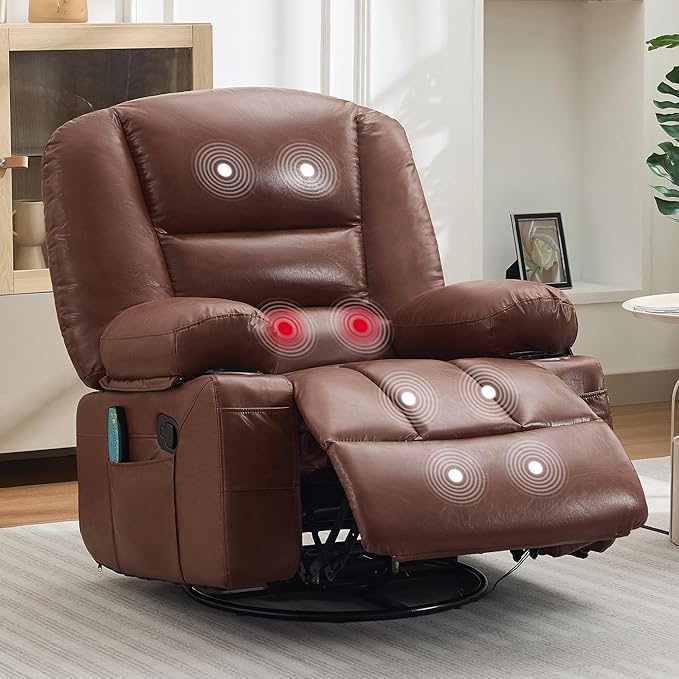 Oversized Wide Recliner Chair-Heat and Vibration Massage PU Leather Manual Recliner for Adults 360° Swivel Rocker Chair with Cup Holders &amp Side PocketLazy Boy Chair for Living Room BedroomBro
