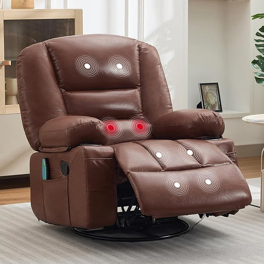 Oversized Wide Recliner Chair-Heat and Vibration Massage PU Leather Manual Recliner for Adults 360° Swivel Rocker Chair with Cup Holders &amp Side PocketLazy Boy Chair for Living Room BedroomBro