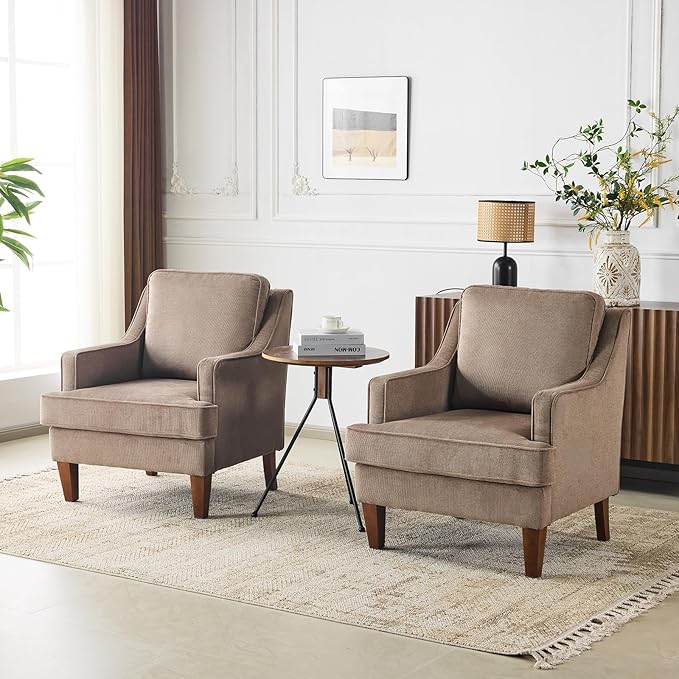 VINGLI Mid-Century Accent Chairs Set of 2 Light Brown Upholstered Armchair Comfy Sofa Chairs Reading Chair High Back Living Room Bedroom Furniture for Apartment