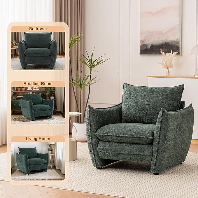 Oversized Accent Chair Modern Single Sofa Cloud Chairs with Removable Pillow Deep Seat Comfy Armchair for Living Room Bedroom Reading Nook - Upholstered Lounge Chair (Green)