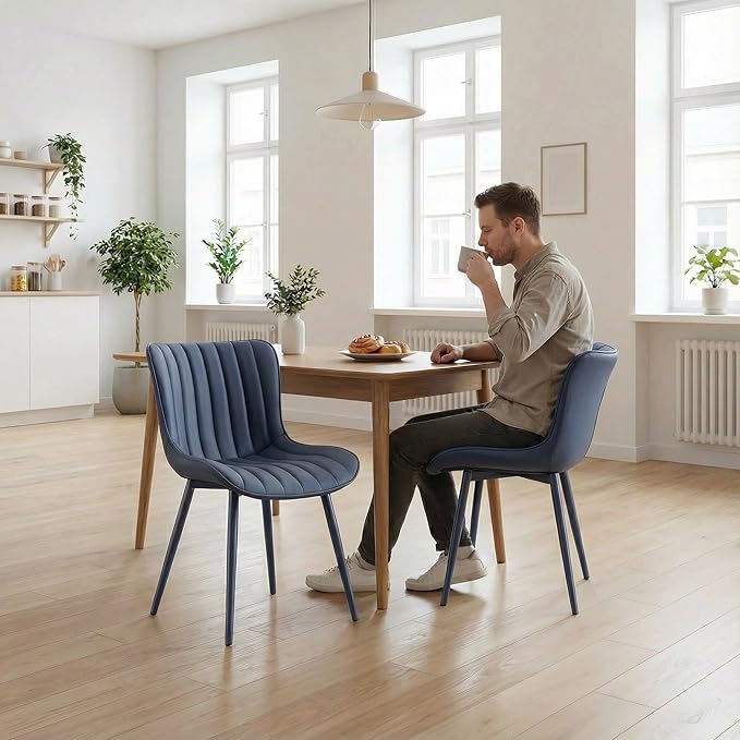 YOUNUOKE Mid-Century Modern Dining Chairs Set of 2 Navy Blue PU Leather Upholstered Kitchen Chairs with Navy Blue Metal Legs Armless Accent Chair for Dining Room Guest Reception Room