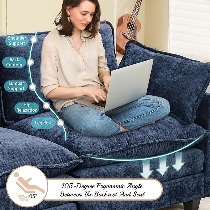 Modular Sectional Cloud Couch 2 Seat Convertible Sectional Couches Sofa with Ottoman Convertible L-Shape Cloud Sectionals Couches for Living Room Apartment Blue