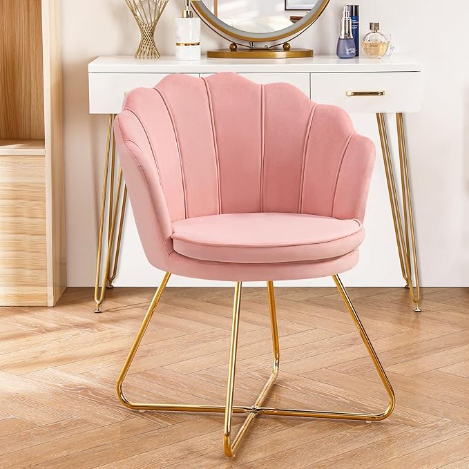 Furniliving Pink Vanity Chairs Velvet Makeup Chair for Bedroom Home Office Desk Chair with Gold Plating Legs Cute Accent Chair for Makeup Room Bedroom Living Room Guest Reception (Velvet Pink)