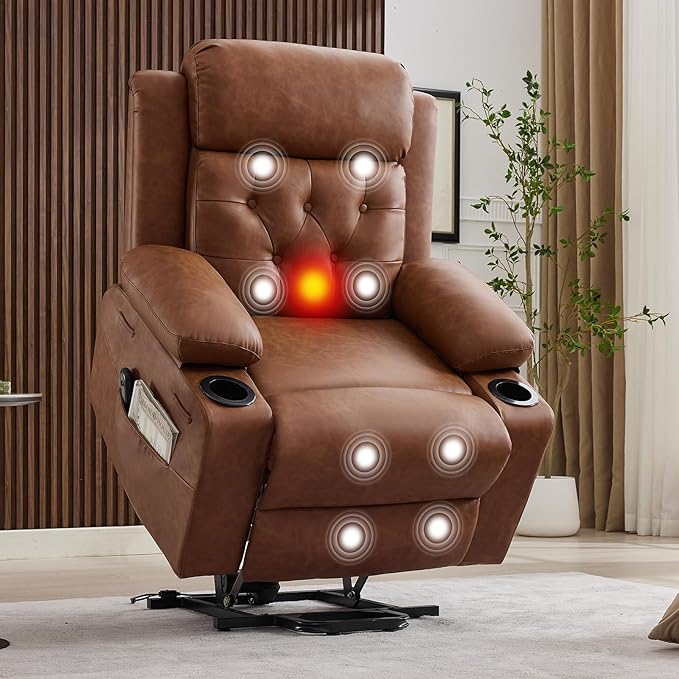 Power Lift Recliner Chair for Elderly with Vibration Massage and Lumbar Heating Oversized PU Leather Electric Lift Recliner Single Sofa with Side Pockets Two Cup Holders for Mobility Impaired