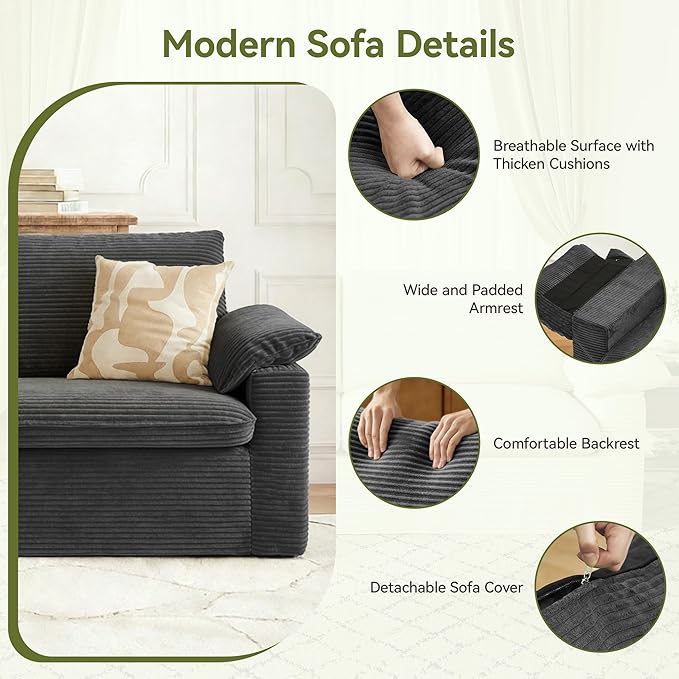86 Loveseat Sofa Grey Corduroy CouchModern Cloud Sofa Love Seat Deep Seat Slipcovered Sofa with 2 Wide Armrest Pillows for Small Spaces Apartment Studio Office Bedroom Living Room