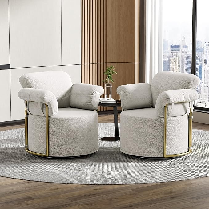 Swivel Accent Chair 360 Degree Swivel Barrel Chair Upholstered Comfy Reading Chair for Living Room Bedroom Apartment Small Space Seating with Supportive Foam Spring Cushion White