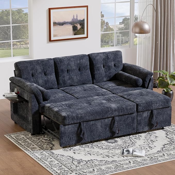 Convertible Queen Sofa Bed 63 Inch Chenille Pull Out Couch with Side Table 3 Seat Pull Out Sofa Bed with Level Adjustable Backrest Comfy Sleeper Sofas for Living Room Apartment Blue