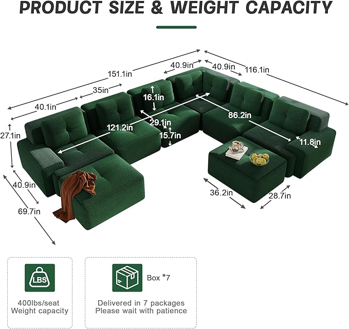Corner Boneless Couch Modular Sectional Sofa Modern 8-Seater C Shaped Sectional Couches for Living Room with Deep Seat and Ottoman Oversized Comfy Corduroy Cloud Couch Sleeper Sofa Green