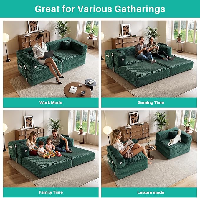 78 Compressed Convertible Sofa Bed Modular Corduroy Loveseat Sleeper with Fixed-Shape Frame Folding Mattress Couch with 2 Pillows for Living Room Bedroom Small Spaces No Assembly Needed Green