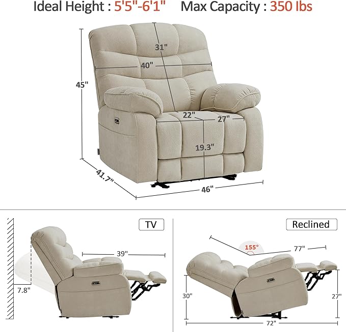 MCombo 27'' Oversized Recliner Power Recliner Chair for Big and Tall Zero Gravity Recliner with USB Charge Ports Side Pockets for Living Room Fabric PR677 (Beige)