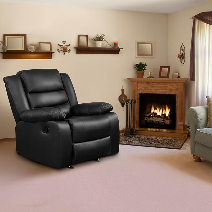 PrimeZone Oversized Rocker Recliner Chair - Comfy Wide Lazy Boy Recliner Chair with Overstuffed Armrest Faux Leather Manual Reclining Chairs for Living Room Bedroom Home Theater Black Set of 2