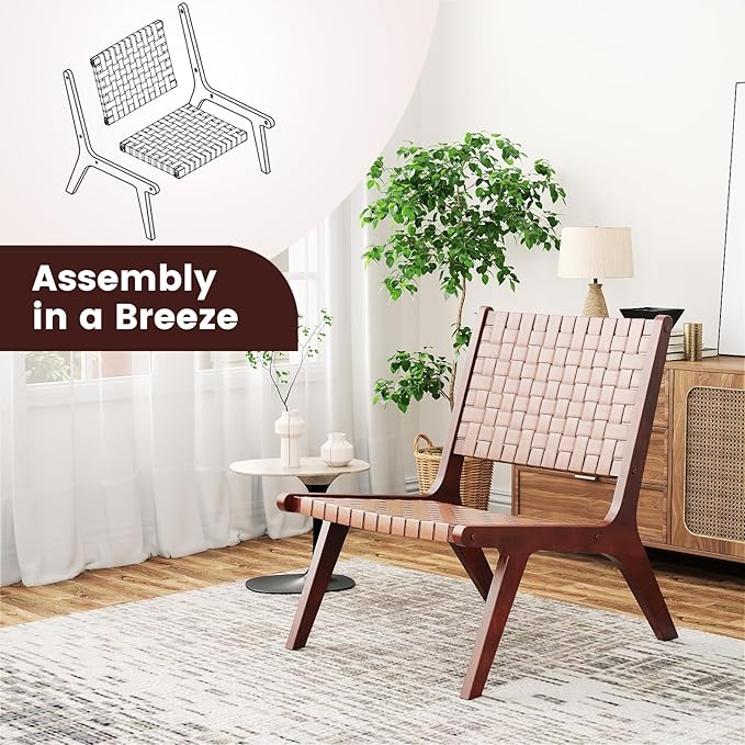 Giantex Woven Leather Accent Chair Set of 2 Boho Mid Century Modern Lounge Chair w/Wood Frame Max Load 300 Lbs Wicker Living Room Chair Armless Accent Side Chair for Reading Bedroom Brown