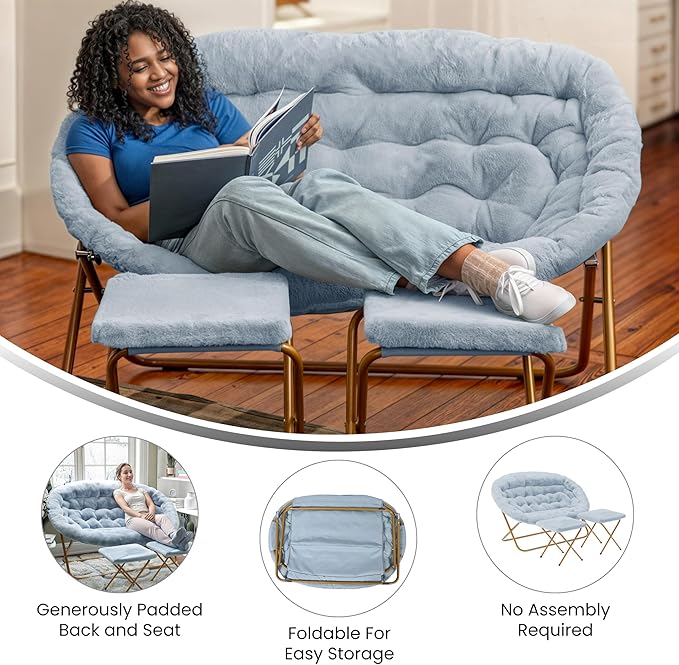 Flash Furniture Eleanor Portable Double Saucer Chair with 2 Ottomans Folding Steel Frames for Dorm or Bedroom 56 Dusty Aqua Faux Fur/Soft Gold Frame