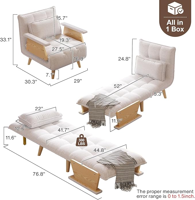 JASIWAY Convertible Sleeper Chair for Small Spaces 3-in-1 Convertable Single Chair Bed for Adults Fold-Out Futon Sofa Sleeper That Turn into Beds Adjustable Backrest(76.8 D X 29 W)