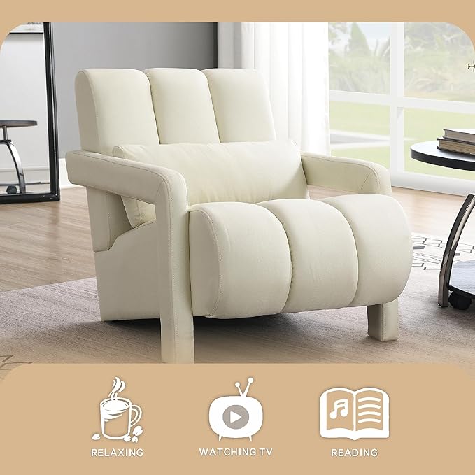 Accent Chair Modern Upholstered Armchair with Pillow Breathable Linen Fabric Comfy Reading Chair for Living Room Bedroom Small Spaces Office Study Beige