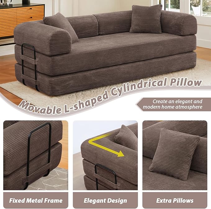 78 Convertible Sleeper Sofa Bed with Cylindrical Pillow Corduroy Folding Mattress Couch with Fixed Frame Floor Sofa Lounge Couch for Living Room Bedroom Apartment Brown