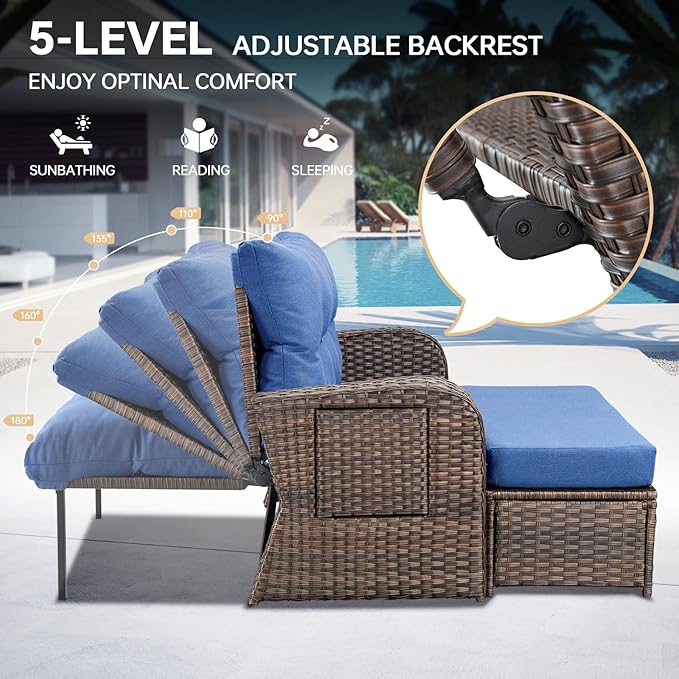 Patio Rattan Daybed Wicker Recliner Loveseat for Two with Multifunctional Recliner and Stowable Side Tray 5 Level Adjustable Backrest (Brown Wicker/Blue Cushion)