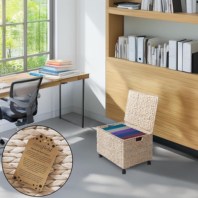 Casafield Rolling Filing Cabinet Whitewash - Water Hyacinth File Organizer with Lid and Locking Wheels Home Office Storage for Hanging Folders