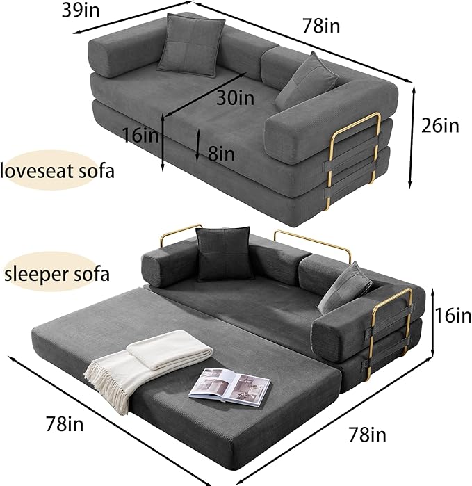 Folding Sofa Bed Convertible Sleeper Sofa Bed with Gold Fixed-Shape Frame Corduroy Floor Couch Lazy Compression Sofa for Living Room Bedroom Home Theater Grey