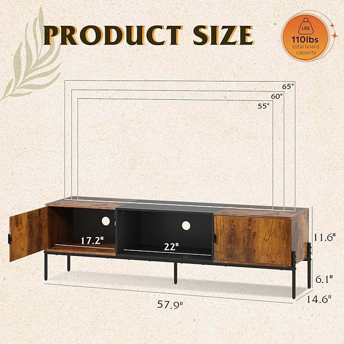 WLIVE TV Stand for 65 Inch TV Mid Century Modern Entainment Center with 2 Storage Cabinets &amp Open Shelf TV Console Table Media with Metal Legs for Living Room Bedroom Rustic Brown