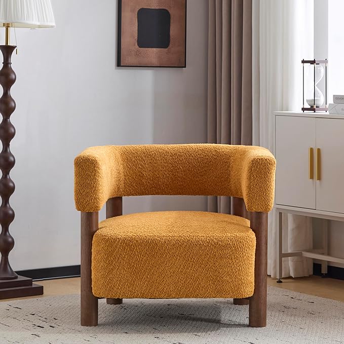 Christopher Knight Home Carly Low Profile Accent Chair Round Backrest Side Chair Living Room Armchair with Boucle Fabric Cushion Comfy Reading Chair for Bedroom Wooden Single Lounge Sofa Yellow