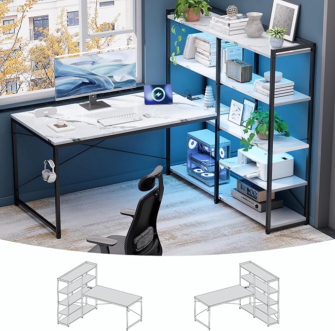 Pamray L Shaped Computer Desk with Reversible Side Storage Shelves 49 Inch Gaming Desk with Power Outlets and Led Lights PC Table for Home Office and Bedroom Marble