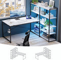 Pamray L Shaped Computer Desk with Reversible Side Storage Shelves 49 Inch Gaming Desk with Power Outlets and Led Lights PC Table for Home Office and Bedroom Marble