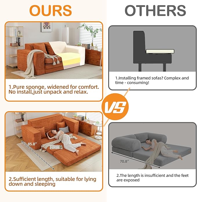 HOMREST 76 Convertible Memory Foam 3-seat Sofa Pull Out Sleeper Sofa Bed 2 in 1 Folding Couch Bed Fold Out Floor Couch Corduroy Fabric with 3 Pillows for Living Room Bedroom Lounge (Brown)
