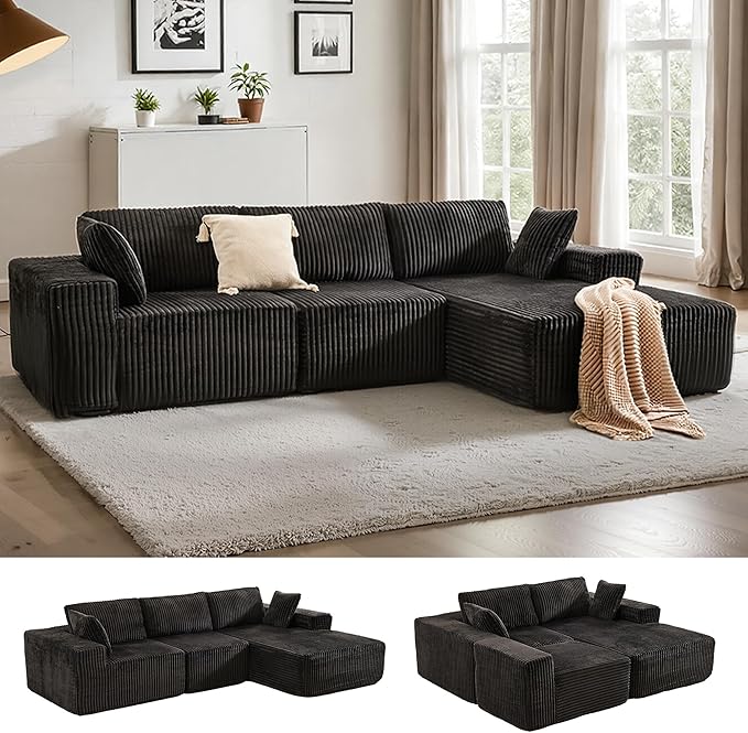 Apicizon 113 Boneless Sectional Couch for Living Room L Shaped Sectional Sofa Couch with Left Chaise Longue Modular Sleeper Sofa for ApartmentNo Assembly Required (Stripe Corduroy Black)