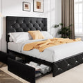 Allewie Upholstered Queen Size Platform Bed Frame with 4 Storage Drawers and Headboard Diamond Stitched Button Tufted Mattress Foundation with Wooden Slats Support No Box Spring Needed Black