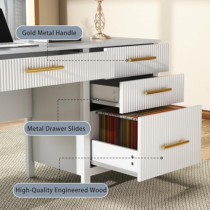 White Computer Desk with Storage: 54 Wooden Executive Office Desk with 4 Drawers Home Office Desks with File Drawers Fluted Writing Desks for Study Living Room