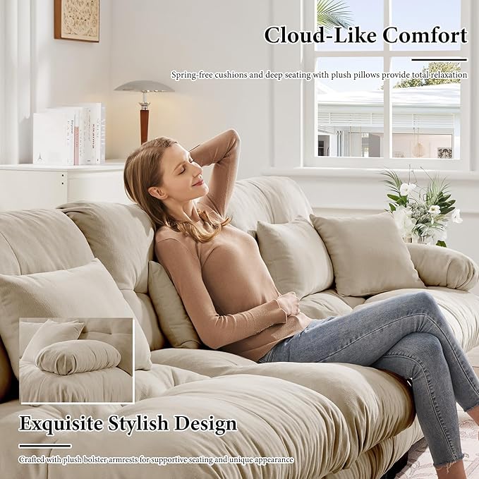 133.8 Oversized Couch 3 Seater Modular Sectional Sofa Beige Large L Shaped Sectional Couches for Living Room Fluffy Couch Set 3 Seater Velvet Cloud Couches with Ottoman Sofas for Living Room