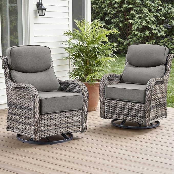 Rilyson Outdoor Swivel Rocker Chairs - All Weather Resistant Wicker Patio Furniture Set of 2 with High Back and 6 inch Thick Cushions for Deck Porch Yard and Poolside Mixed Grey/Grey