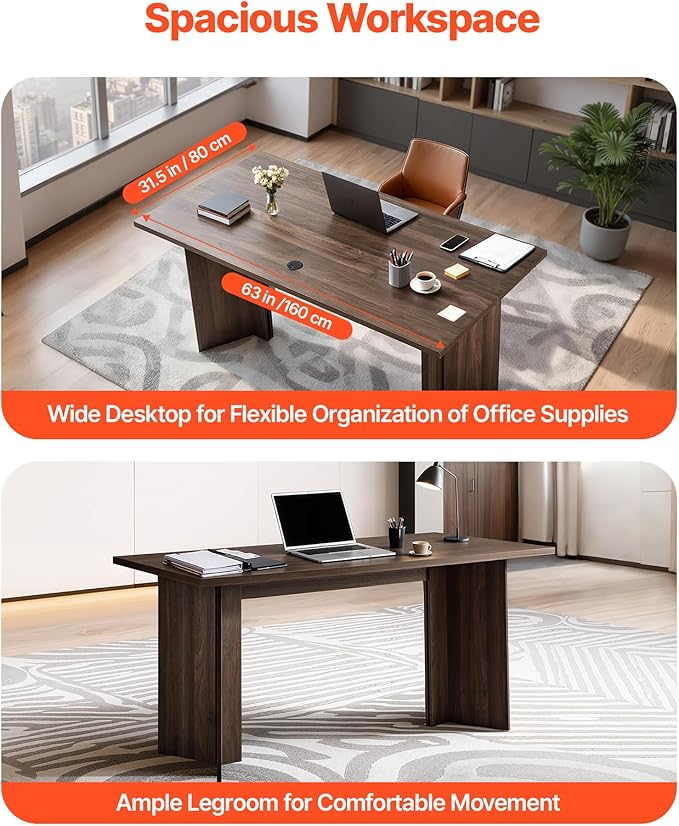 VEVOR 63 in Executive Desk Large Modern Rectangle Office Table Heavy Duty Wooden Executive Table with Cable Connection Hole 250 LBS Load Capacity Easy Assembly for Work Study Writing Walnut