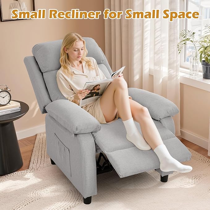 Recliner Chair Living Room Chairs for Adults Padded Deep Seat Reading Chair with Side Pockets Small Recliners for Small Spaces Lounge Chair for Living Room Bedroom and RV (Linen)