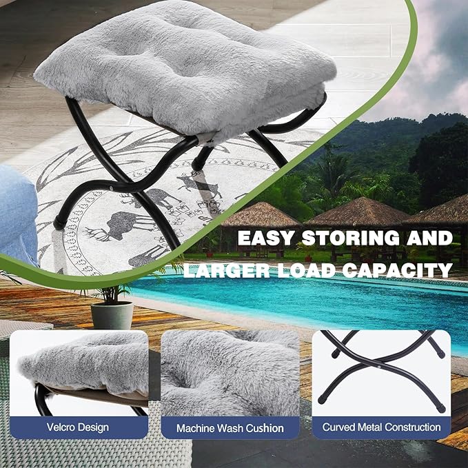 15 Foldable Foot Stool Ottoman with Metal Frame - Washable Faux Fur Grey Upholstered Indoor/Outdoor Footrest for Living Room Bedroom Patio - Space-Saving Compact Design