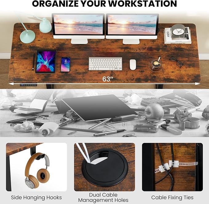 Tangkula 63 Inch Height Adjustable Electric Standing Desk Extra Large Sit Stand Desk with 3 Memory Height Settings Anti-Collision System 2 Hanging Hooks &amp Wire Holes Rising Desk for Home Offic
