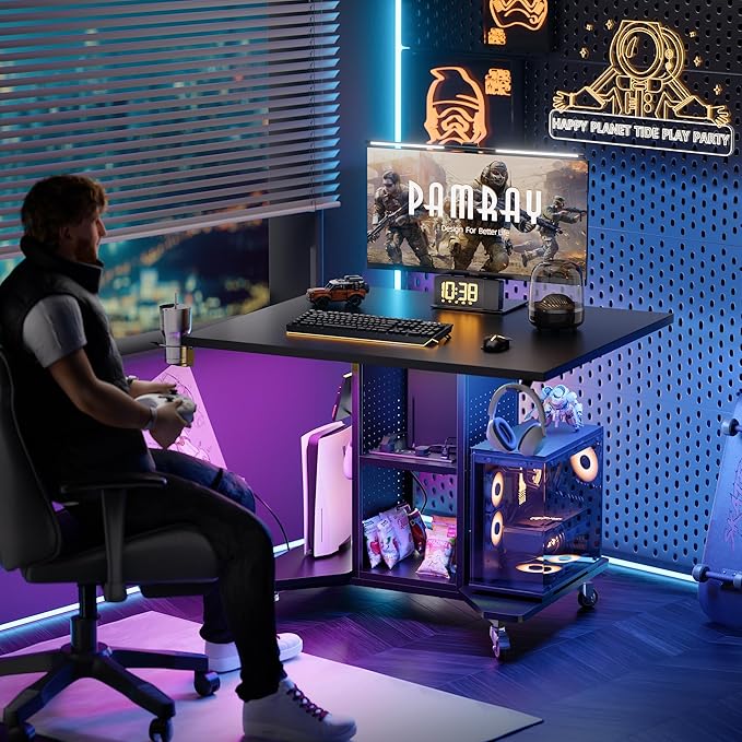 Pamray Small Rolling Gaming Desk with Led Lights Power Outlets and Storage Pegboard Small Spaces Compact PC Computer Table Balck