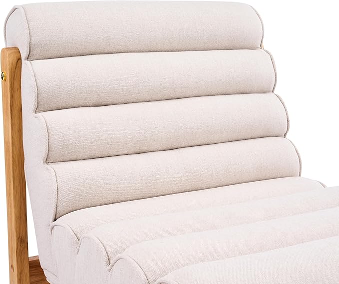 Scott Living Fluffy Low Profile Accent Chair Modern Living Room Armless Lounge Chair Fabric Comfy Reading Chair for Bedroom Wooden Frame and Thick Padded Seat Dark Beige+Natural