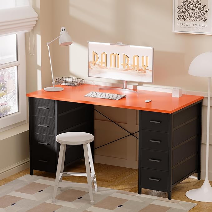 Pamray 47 Inch Computer Desk with 8 Fabric Drawers PC Gaming Desk Home Office Study Work Writing Table for Bedroom Orange