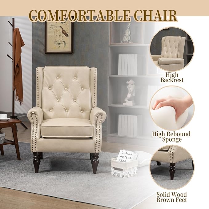 Camel PU Leather Accent Chair Mid-Century Modern Living Room Chairs with Wingback Comfy Upholstered High Back Single Sofa Bedroom Reading Armchair with Solid Wood LegsEasy Assemble (Camel)