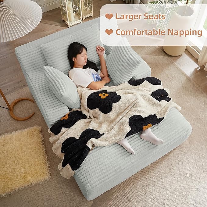 Oversized Chaise Lounge Chair Indoor Corduroy Sofa Bed with Throw Pillows Recliner Chair Comfy Large Deep Seat Sofa Couch for Living Room Bedroom Apartment (Light Grey)