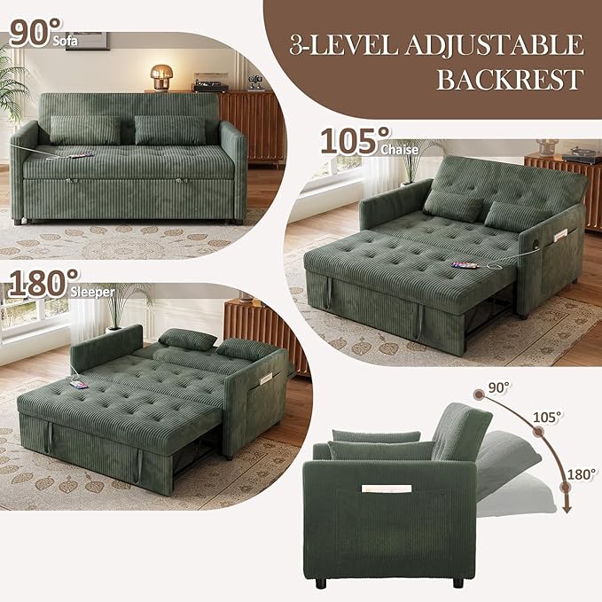 Sofa Bed Loveseat 3-in-1 Sleeper Sofa with Pull Out Bed Pockets and USB Modern 2 Seater Convertible Small Couch for Living Room Bedroom Apartment (Green Corduroy)