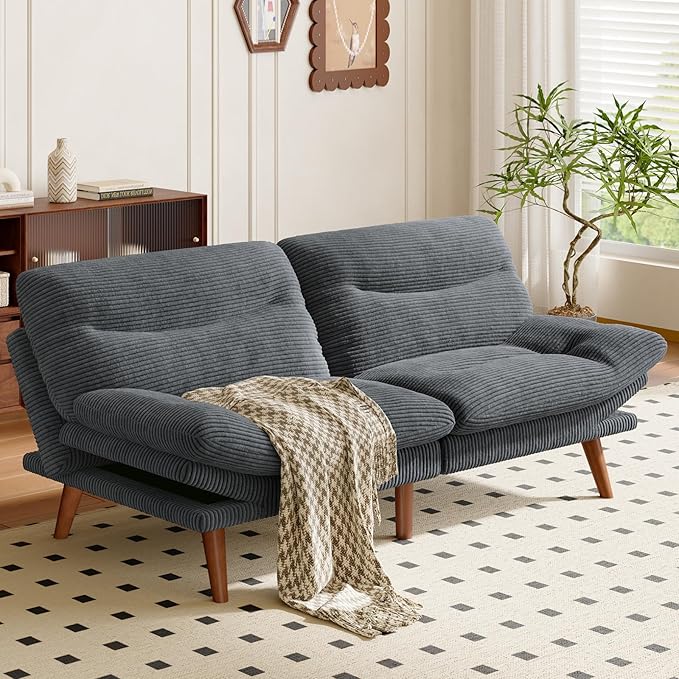 Amada 66 Convertible Futon Sofa Bed Corduroy Folding Futon Set with Adjustable Backrest &ampArmrests Recliner Lounge for Living Room Apartment or Office Solid Wood Frame Loveseat Sofa - Grey |